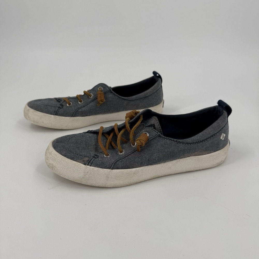 Sperry Women's 8.5M Blue Chambray Canvas Boat Shoes Leather Lace Sneakers